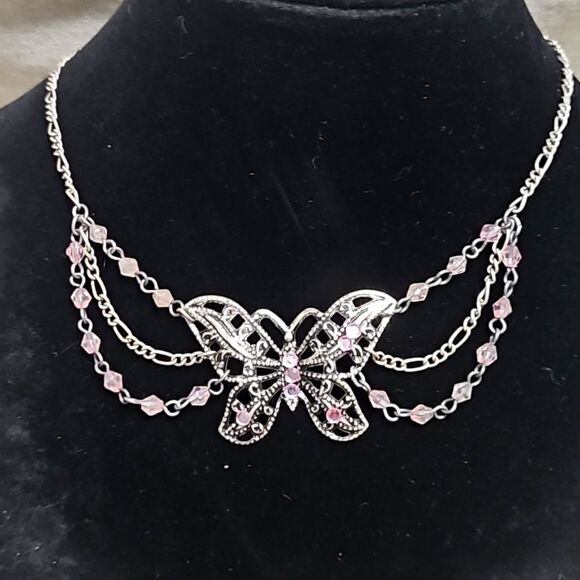 Vintage Y2K  Butterfly Festoon  Necklace Mosaic Tile 3 Piece Crystal Set - Picture 2 of 13